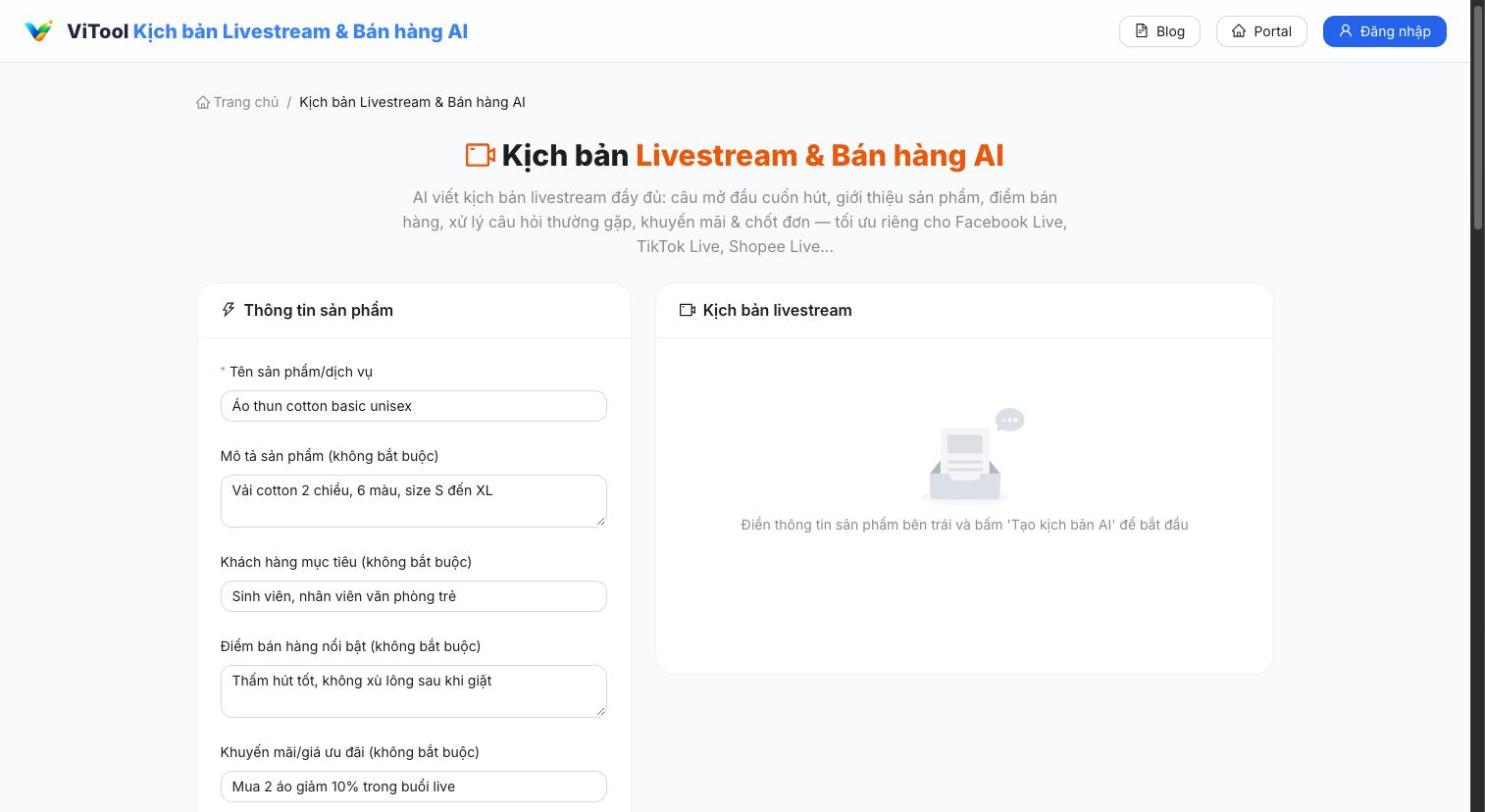 Công cụ Kịch bản Livestream & Bán hàng AI của ViTool với ví dụ áo thun cotton basic