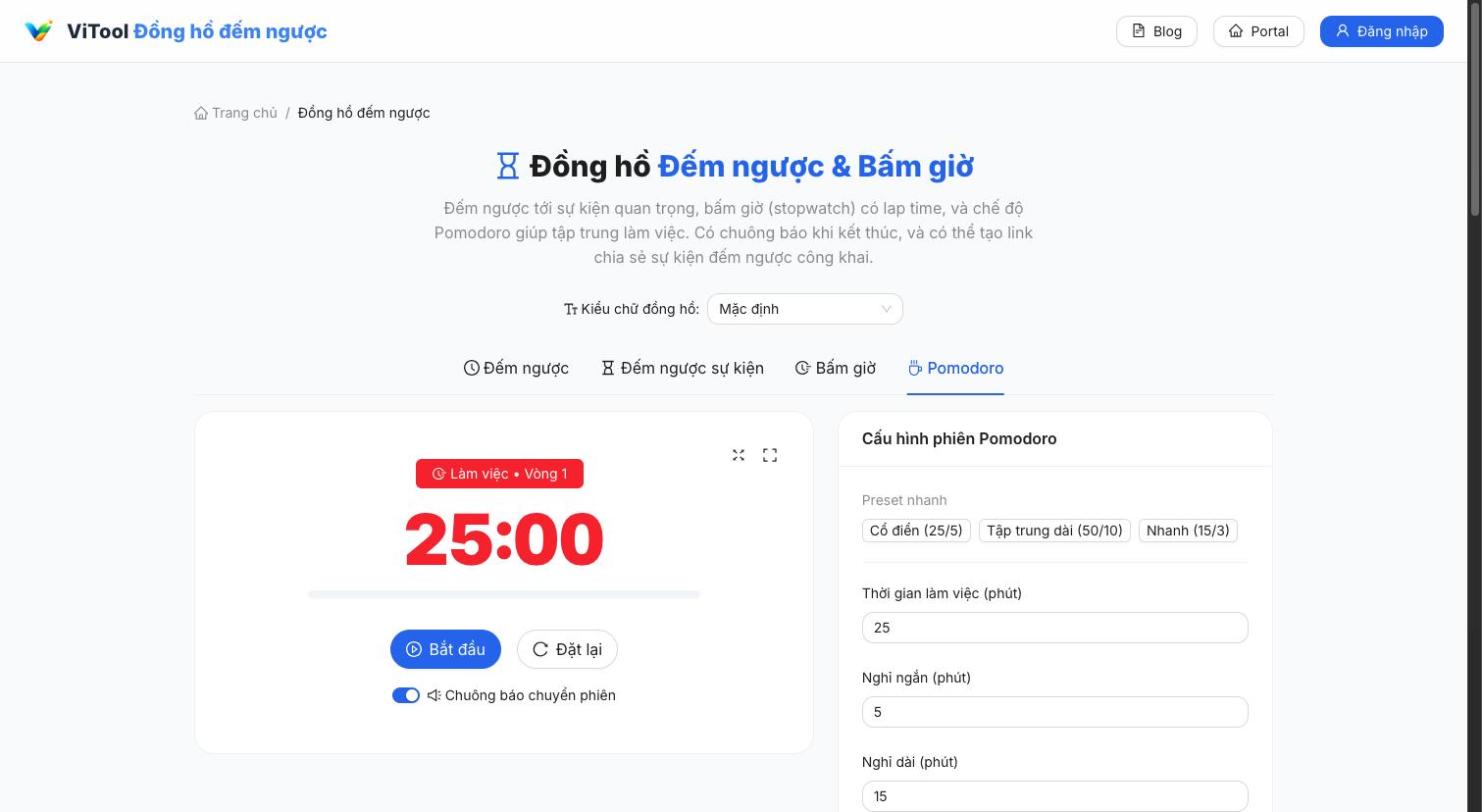 Đồng hồ Pomodoro tr&ecirc;n ViTool với preset Cổ điển 25/5, Tập trung d&agrave;i 50/10 v&agrave; Nhanh 15/3