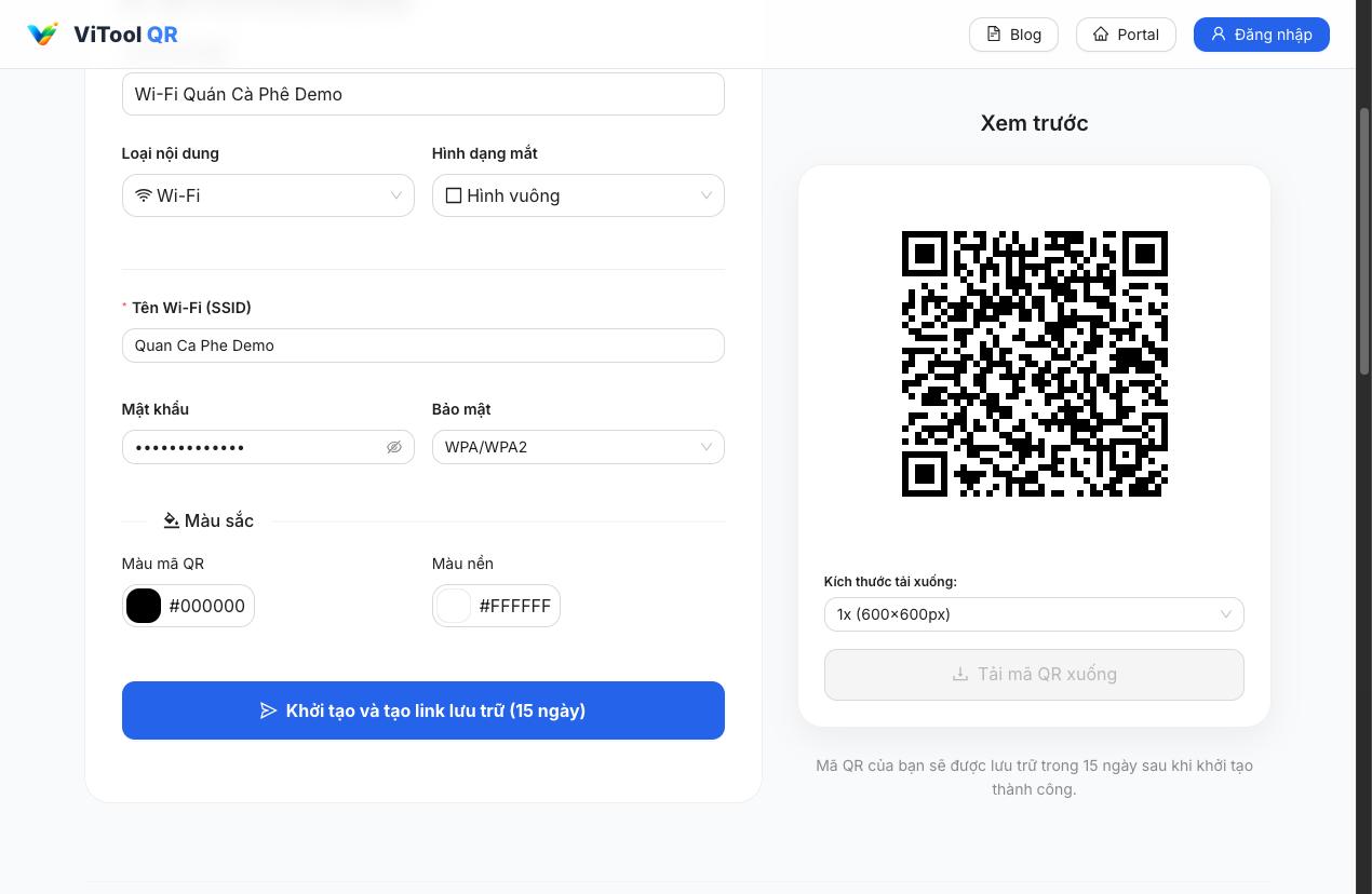 Giao diện ViTool QR tạo mã QR Wi-Fi cho quán cà phê với ô SSID, mật khẩu và bảo mật